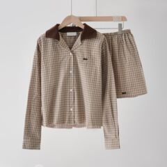 Iu系甘美減齢学院風格子縞ウエスト綿シャツワンピース上着半スカートセット