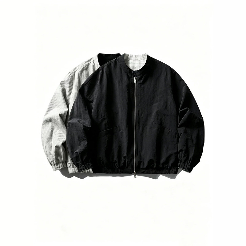 Japanese-style reversible collarless baseball jacket for men, made of nylon, with a loose, oversized fit, perfect for layering in spring and autumn Japanese-style reversible collarless baseball jacket for men, made of nylon, with a loose, oversized fit, perfect for layering in spring and autumn