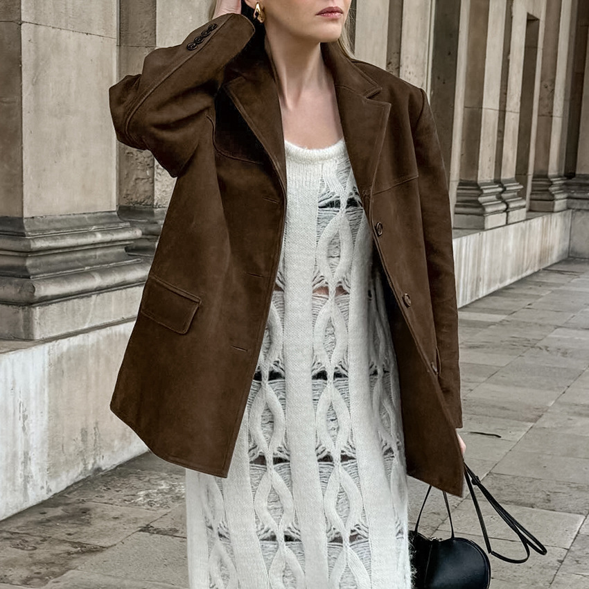 Women's Clothing 2024 Autumn and Winter Retro Suede Coat Women's Design Thickened Medium and Long Lapel Coat Jacket Commuter Women's Wear_voghion.com