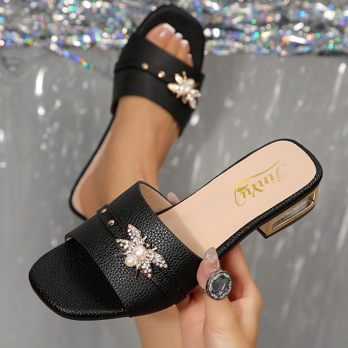 Sandalias de Tacón Alto con Puntera Cuadrada de Cuero Sintético con Tacón Ancho para Verano y Uso Diario