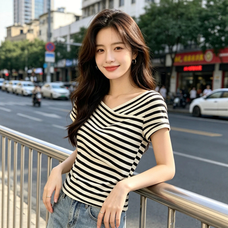 2026 Summer Nautical Style European and American Cross-Border Striped Shawl Collar Short-Sleeve T-Shirt for Women, Slim Fit Top