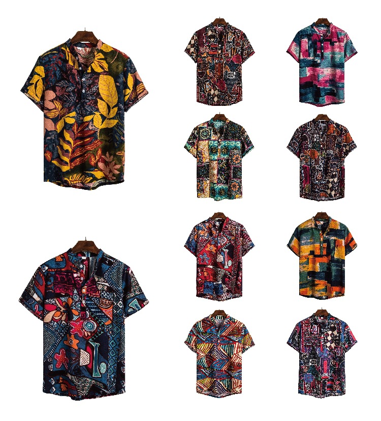 EBAY AliExpress Amazon 2019 verano nueva camisa de manga corta de lino Camisa floral de estilo étnico indio para hombre