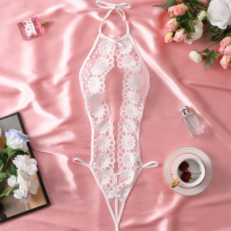 Hot Flower Embroidery Perspective Teddy Doll Hollow Backless Open Crotch Body Clothes Women's Sexy Underwear Semi-transparent