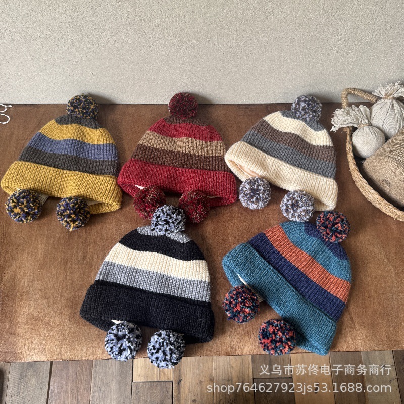儿童拼色针织护耳帽男女童复古毛球三色户外保暖秋冬新款毛线帽子|undefined