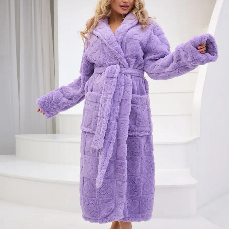 Coral Fleece Thickened Square Fleece Long Bathrobe with Drawstring, Hood, and Pockets, Exclusively for Cross-Border Export