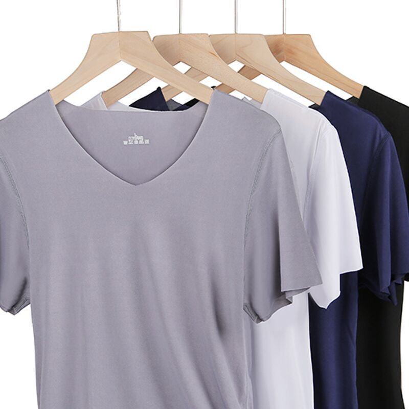 大码纯色冰丝男士短袖T恤夏季学生打底衫V领宽松运动体恤