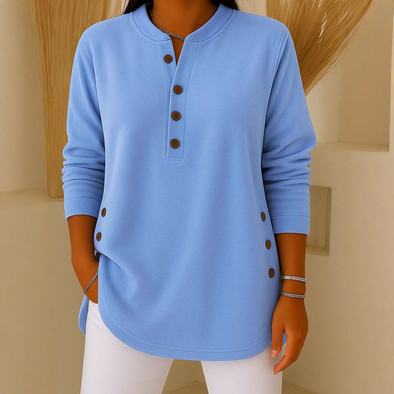 2025 New Cross-Border European and American Amazon Women's V Neck Button Pure Color Knitted Long-Sleeved Tops T-Shirt