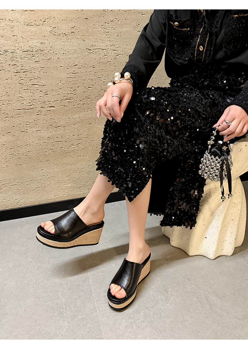Sandal cao gót nữ mũi hở đế xuồng bọc cói phong cách La Mã — màu đen, màu trắng ngà chi tiết 11