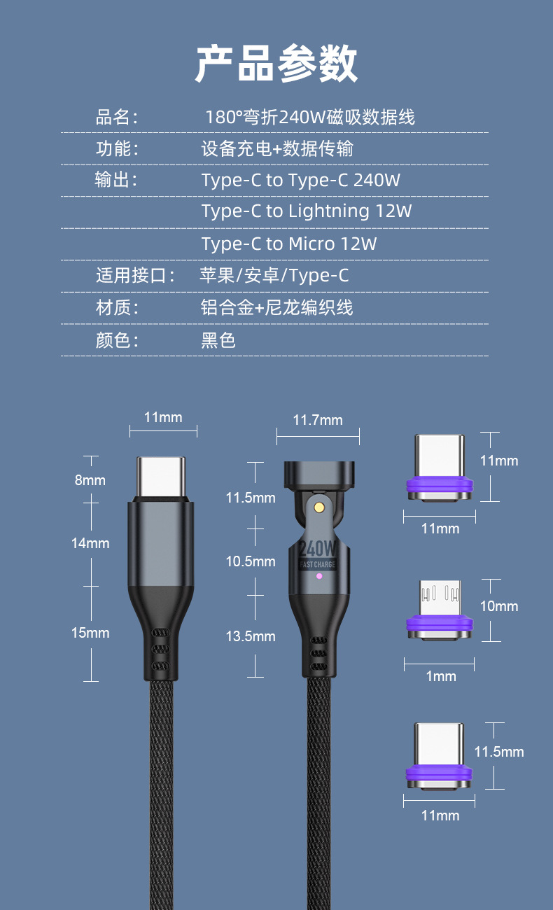 Magnetisches Schnelllade-Datenkabel 240W mit doppelter Typ-C-Schnittstelle PD-Schnellladekabel, kompatibel mit Android-, Apple- und Huawei-Mobiltelefonen