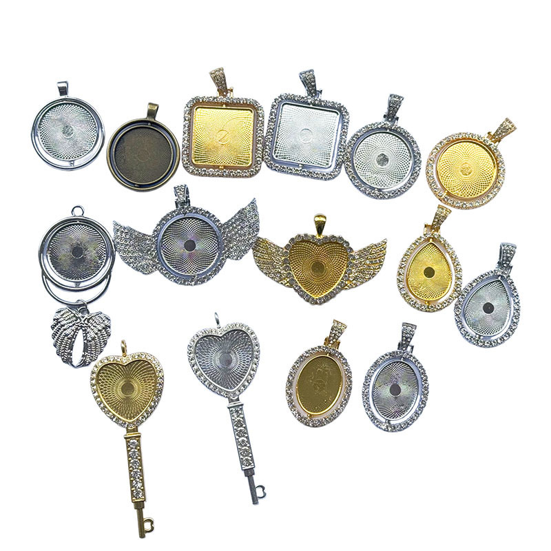 Photo Pendant Settings with Diamonds, Round, Heart-Shaped, Wing-Shaped, Key-Shaped Accessories, Necklace Trays, Empty Settings, Jewelry Materials Wholesale
