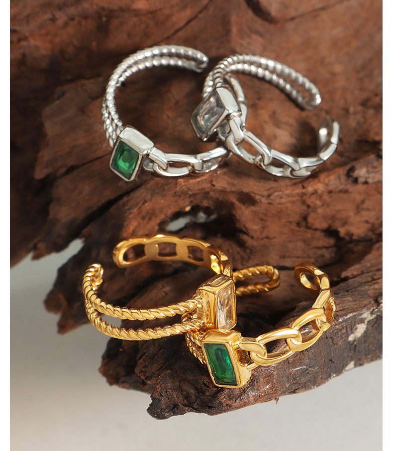 French Style Square Titanium Steel Plating Inlay Zircon Rings 1 Piece