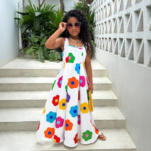 外贸童装休闲街别致的花卉印花意大利面条绑带连衣裙