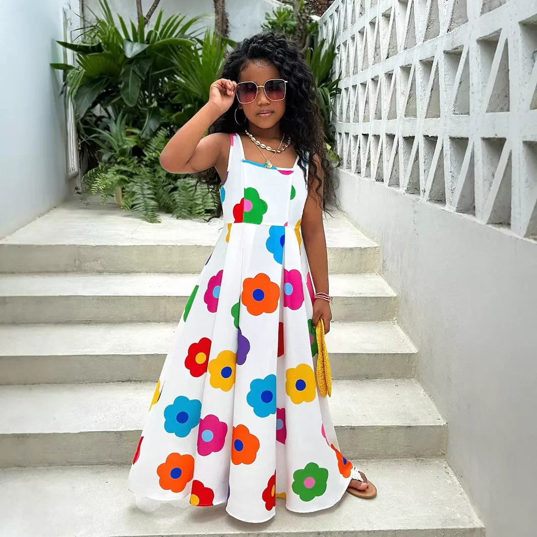 外贸童装休闲街别致的花卉印花意大利面条绑带连衣裙