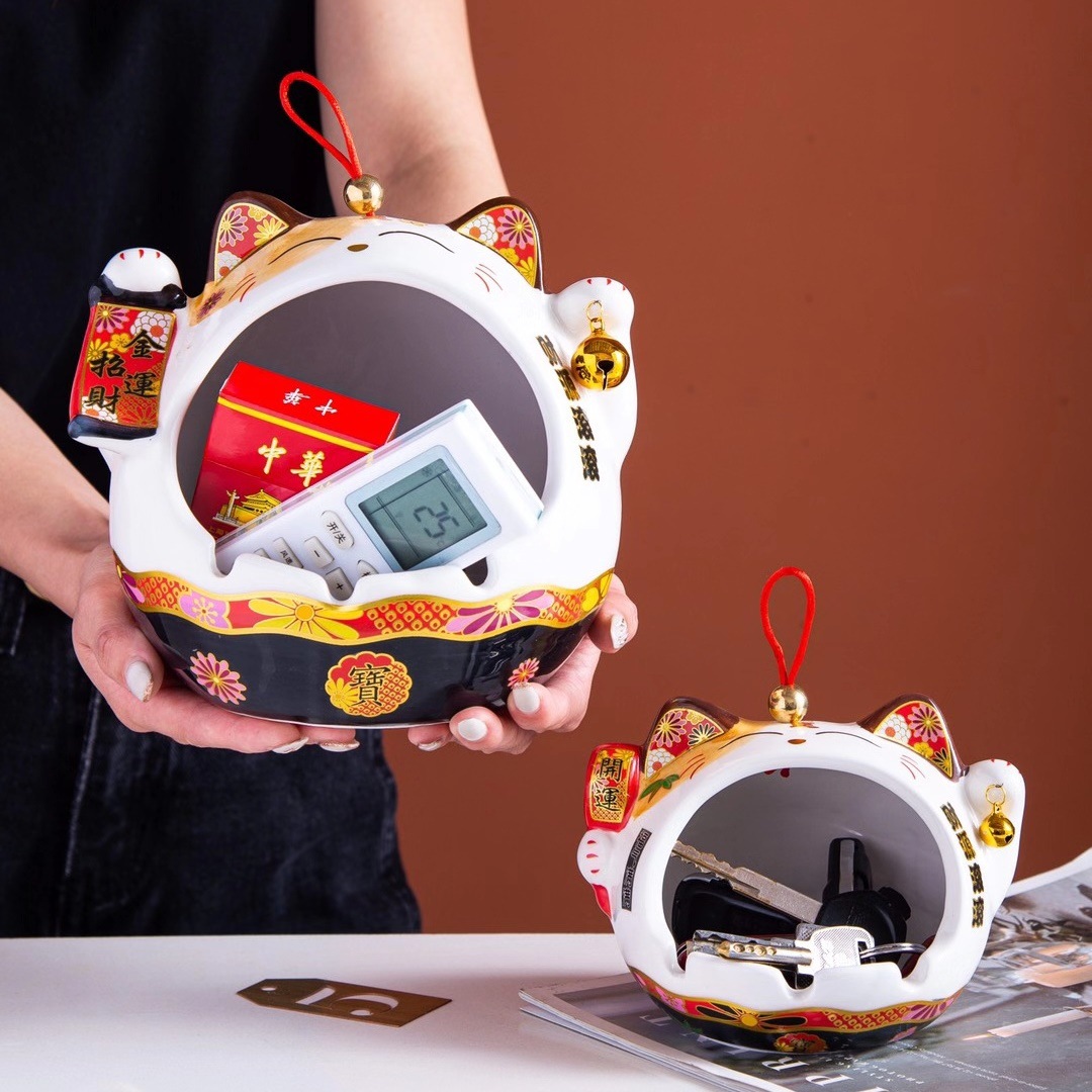 Estilo japonés creativo personalizado Lucky gato decoración de almacenamiento de cerámica regalo del hogar cenicero tarro de almacenamiento