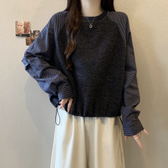 大码宽松2025秋冬新款条纹拼接长袖卫衣女宽松插肩袖长袖T恤A6839