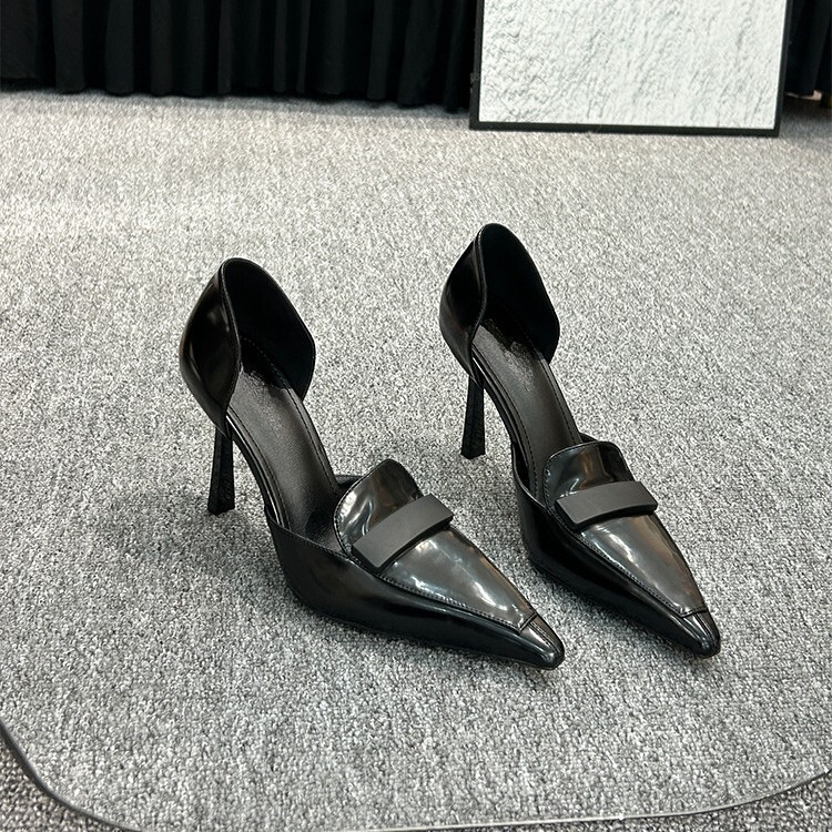 Yang Shulin 2025 Early Spring New High Heel Shoes Women's Sexy Black Leather Small Square Buckle Side Empty Elegant Thin Heel Shoes