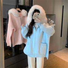 2025秋冬新款大码连帽毛衣外套女装加厚韩版宽松保暖毛领针织开衫