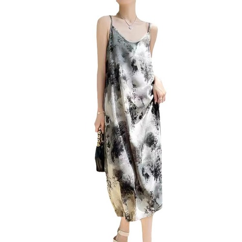 Embroidered one-shoulder satin spaghetti strap dress for women - Spring and Summer round neck long dress