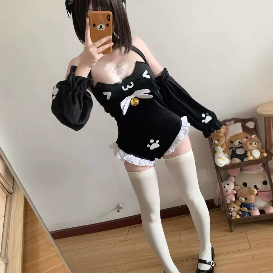 Костюм горничной с воротником-халтером, цельный, милый, облегающий, черный, милый, милый, униформа с котом, костюм с рукавами, один размер подходит всем Юго-Восточной Азии