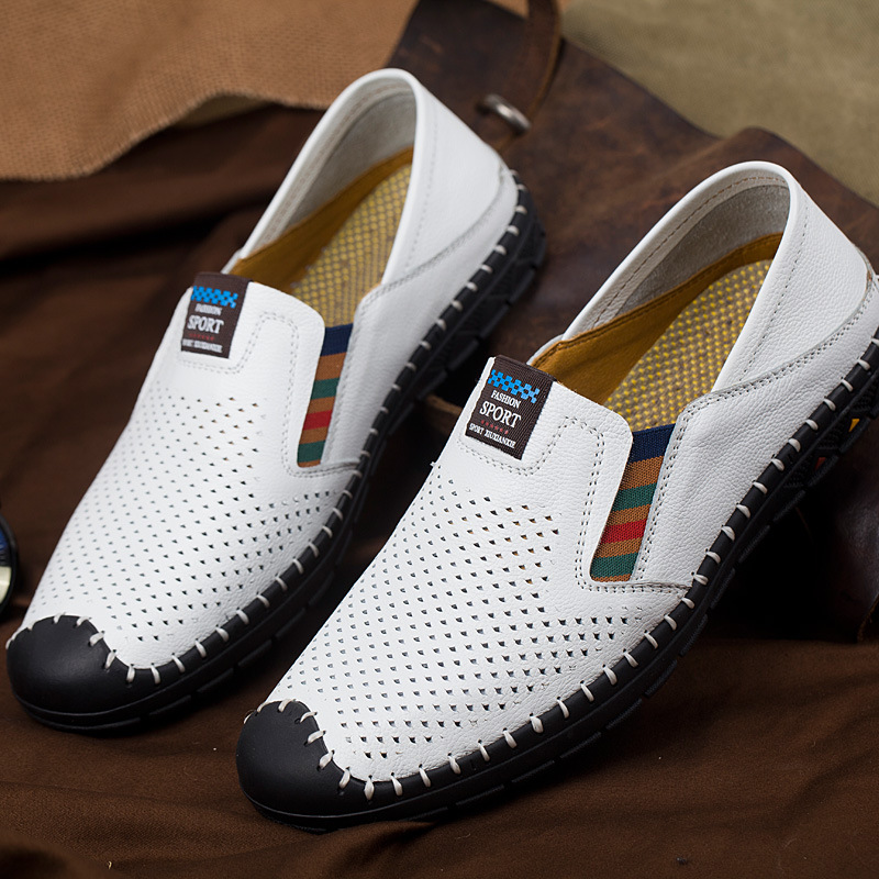 Herren Leder Loafer Mit Lochmuster, Atmungsaktive Slipper_voghion.com