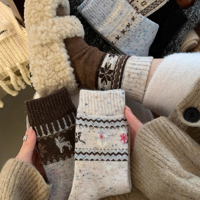 Fair Isle Wool Socks Women's Mid-Calf Socks Autumn and Winter Thickeneded Fleece-Lined Warm Plush Snow Boots Winter Stockings