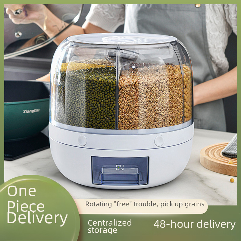 Household Six-Section Multifunctional Rotating Rice Bucket Grain Storage Container Rice Measuring Storage Box