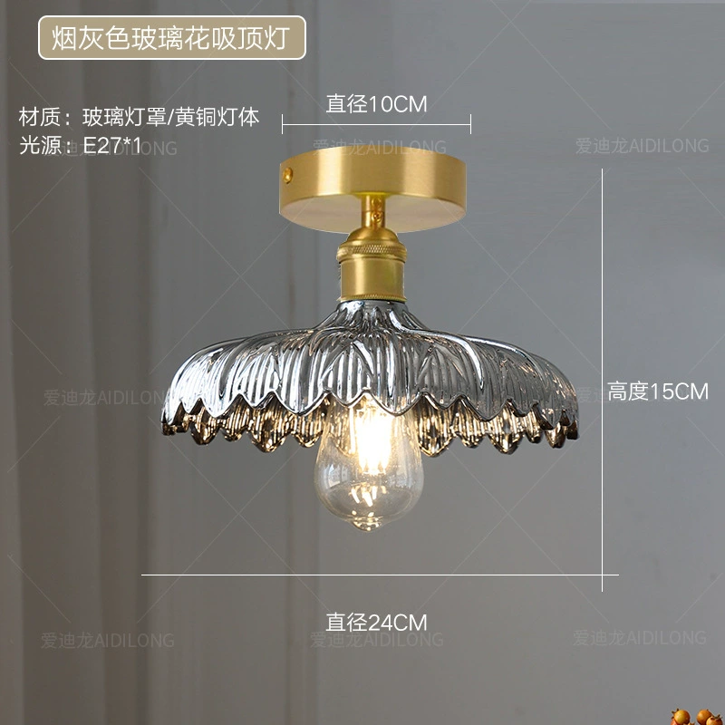 Retro Brass Ceiling Lamp, Cristal Glass Flower Shade, 33×33×22 cm, Multiple Glass Colors