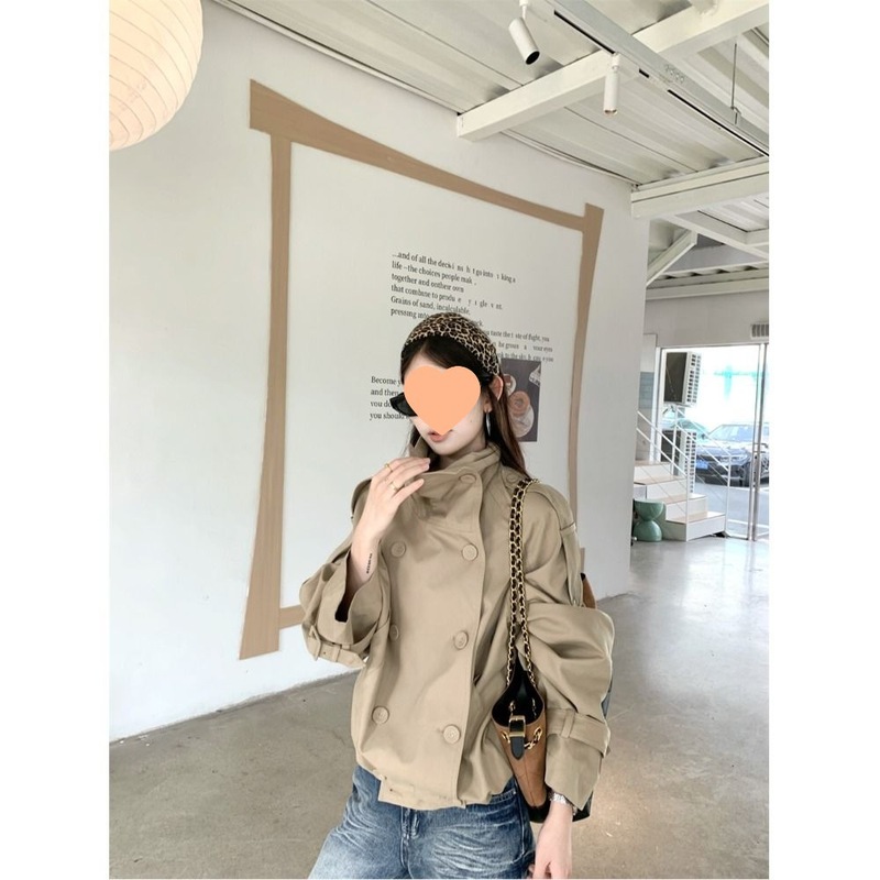 韩系新款英伦风气质立领风衣外套女秋季双排扣卡其色宽松百搭上衣|undefined