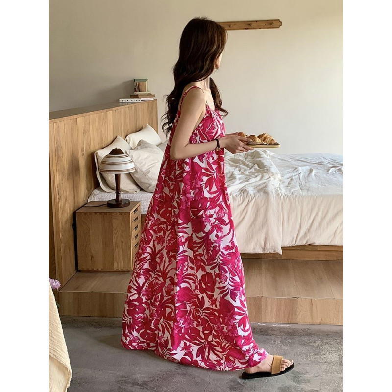 2026 Xiaohongshu Popular Nightgown with Breast Pad All-In-One Can Be Worn Outside Summer Suspender Nightgown Cotton Silk Extended Version