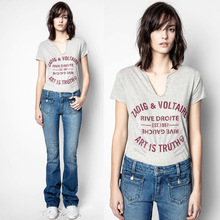 21夏季新款法国小众ZV女装经典印花烫钻U型领纯棉短袖T恤