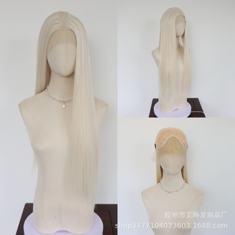 Platinum blonde hand-crafted lace front wig with middle parting, versatile long straight blonde hair full wig Platinum blonde hand-crafted lace front wig with middle parting, versatile long straight blonde hair full wig