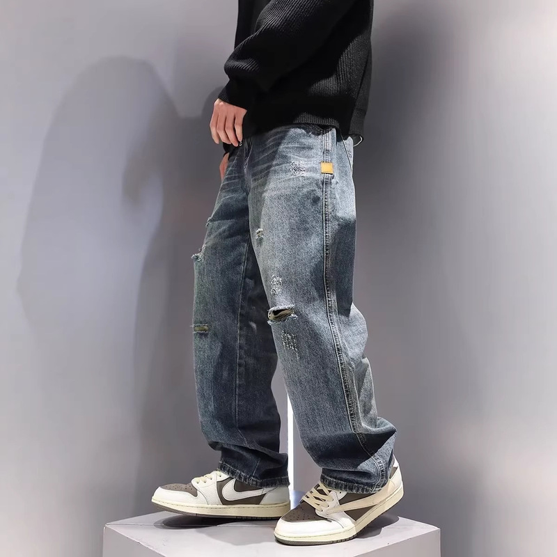 Spring and Summer American-Style Casual Cool Retro Ripped Jeans for Men, Straight Loose Fit, Versatile, Plus-Size Tapered Pants, Trendy