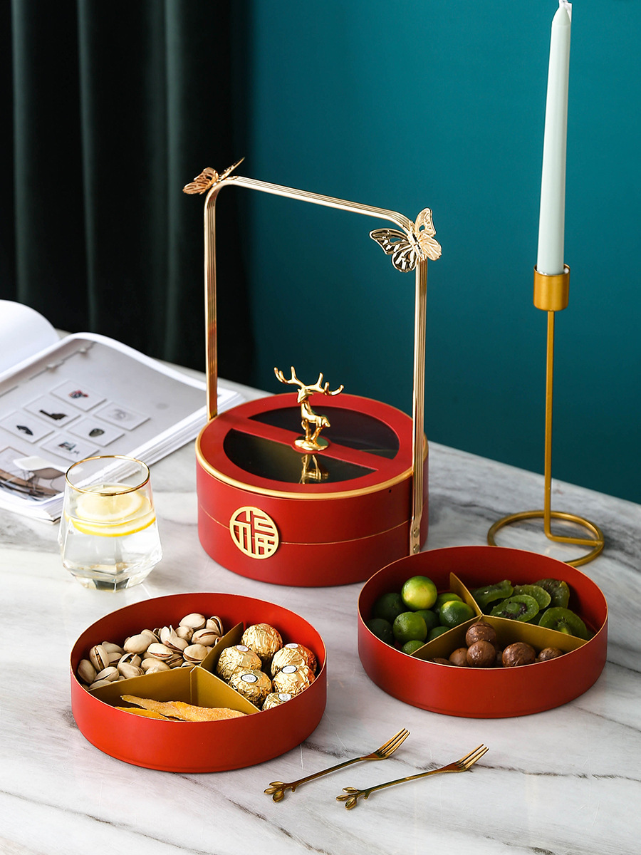 Sala de estar del hogar compartimiento de doble capa de lujo ligero giratorio fruta seca merienda plato de fruta mesa de té boda creativa caja de almacenamiento de dulces