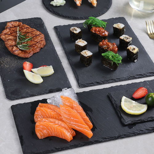 Japanese black rock dessert sushi plate, Western creative tableware plate, rock board grilled meat plating steak plate