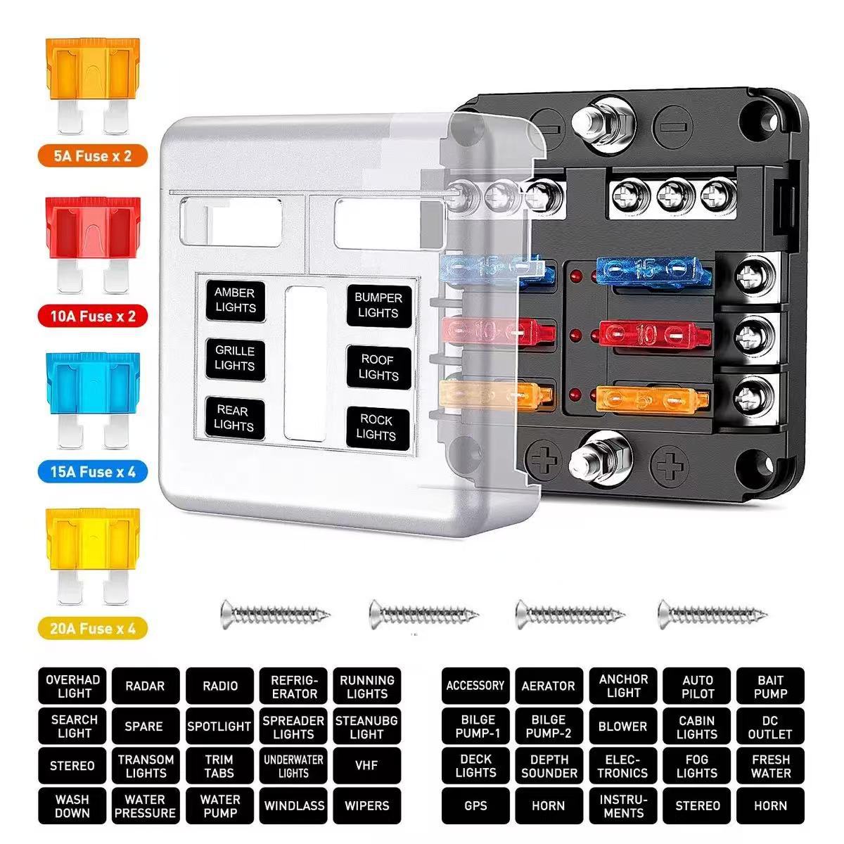 Car Fuse Box with Negative Terminal, Plug-In Screw Type, Multi-Way Fuse Box, Led Indicator Light, Boat and Car Accessories