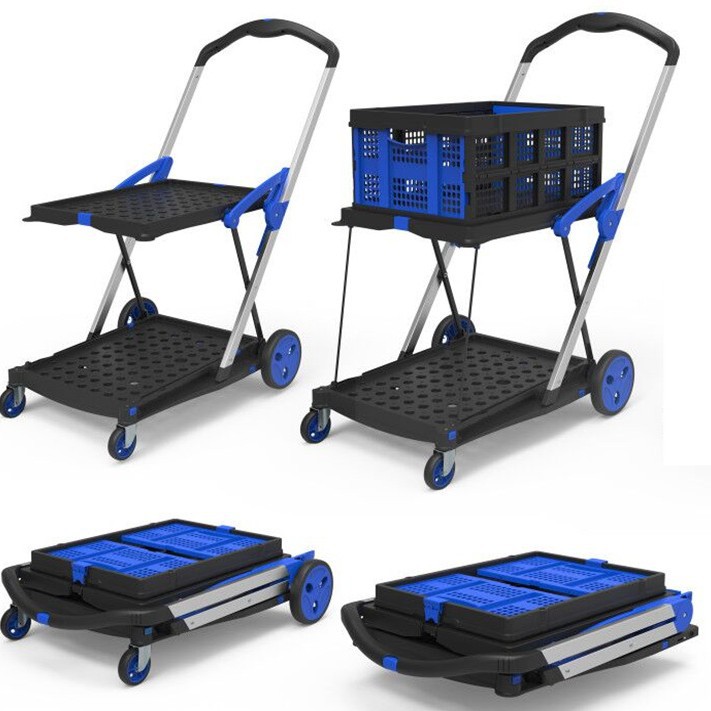 浩轮 工厂直销便携立体可折叠静音带框手推车商超搬运塑料购物车