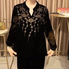 一件代发网红丝绒烫钻小衫2025秋季新款时尚洋气宽松显瘦v领上衣