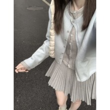 韩系甜美风撞色拼接假两件针织毛衣开衫秋季高腰半身百褶裙两件套