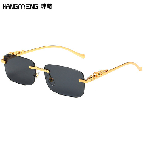  New Fashionable Men's and Women's Frameless Sunglasses Retro Square Metal Cheetah Sunglasses Manufacturer Wholesale Cross-Border