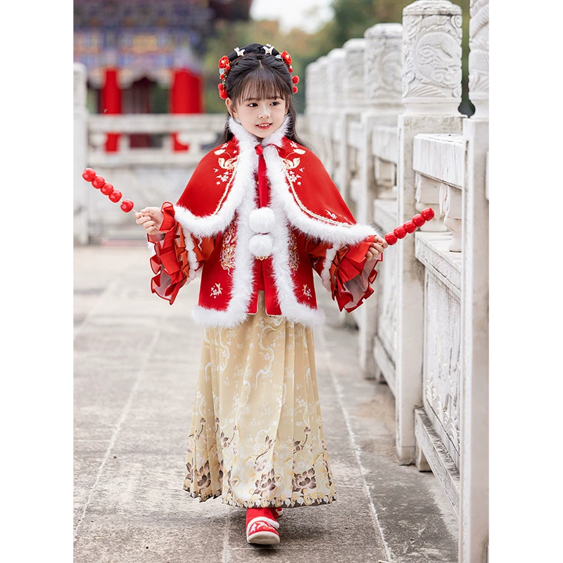 Gufeng Girls Hanfu с плащом зимняя одежда плюс бархат тепласть для детей
