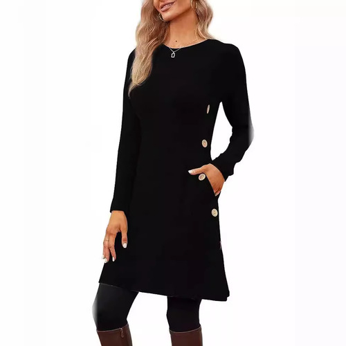 2025 European and American Style Long-Sleeve Round Neck Button-Side Dress with Pockets for Women