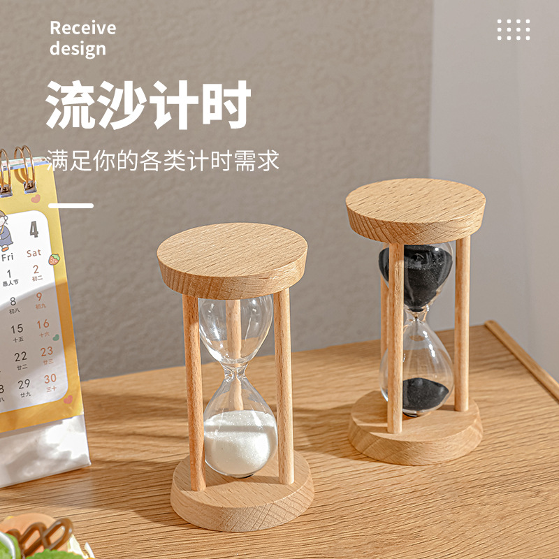 Creativo 5 minutos de tres columnas de madera redonda reloj de arena temporizador sala de estar de escritorio decoración del hogar regalo de los niños