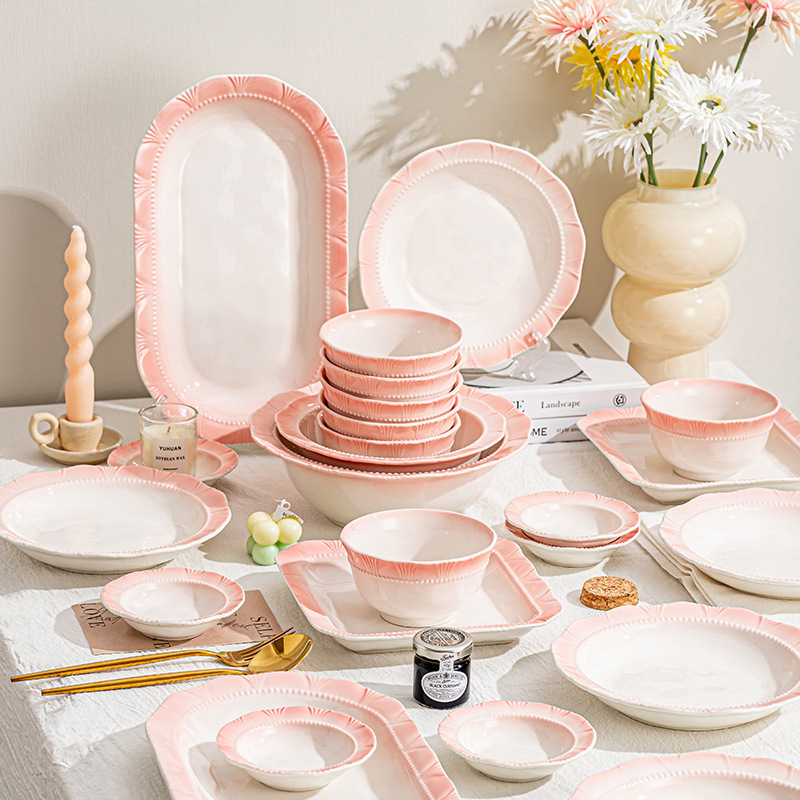 Simple Light Luxury Bowl and Dish suit High-grade Household Bowl Pink Ceramic Tableware Rice Bowl Plate Noodle Bowl Soup Bowl