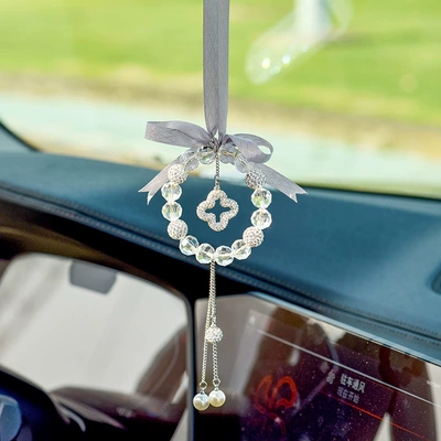 Car pendant creative Diamond-Embedded Car Rearview mirror pendant car interior decoration pendant pendant car hanging female (Car hanging) - white-lucky-grass