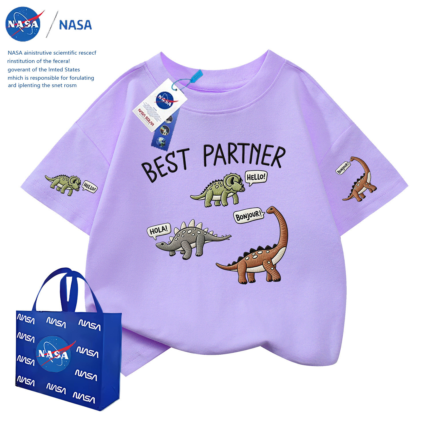 NASA夏季卡通风中大童半袖上衣可爱小恐龙印花儿童圆领短袖童装