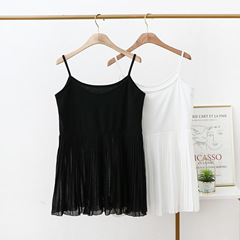 夏季新款雪紡百褶吊帶衫黑白簡約純色女上衣棉質拼接甜美小內搭