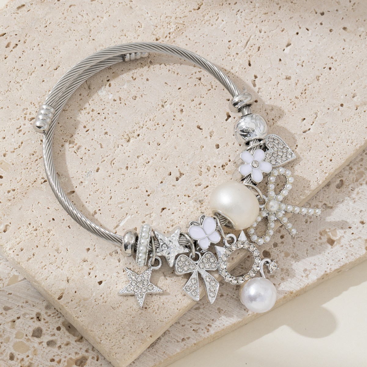 Pulsera Pan estilo explosivo transfronterizo brazalete con cuentas de bricolaje lazo de gato de perlas amor estrella de cinco puntas joyería de moda image 1