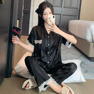 黑色高级条纹短袖睡衣女夏季冰丝绸柔软透气套装家居服可外穿批发