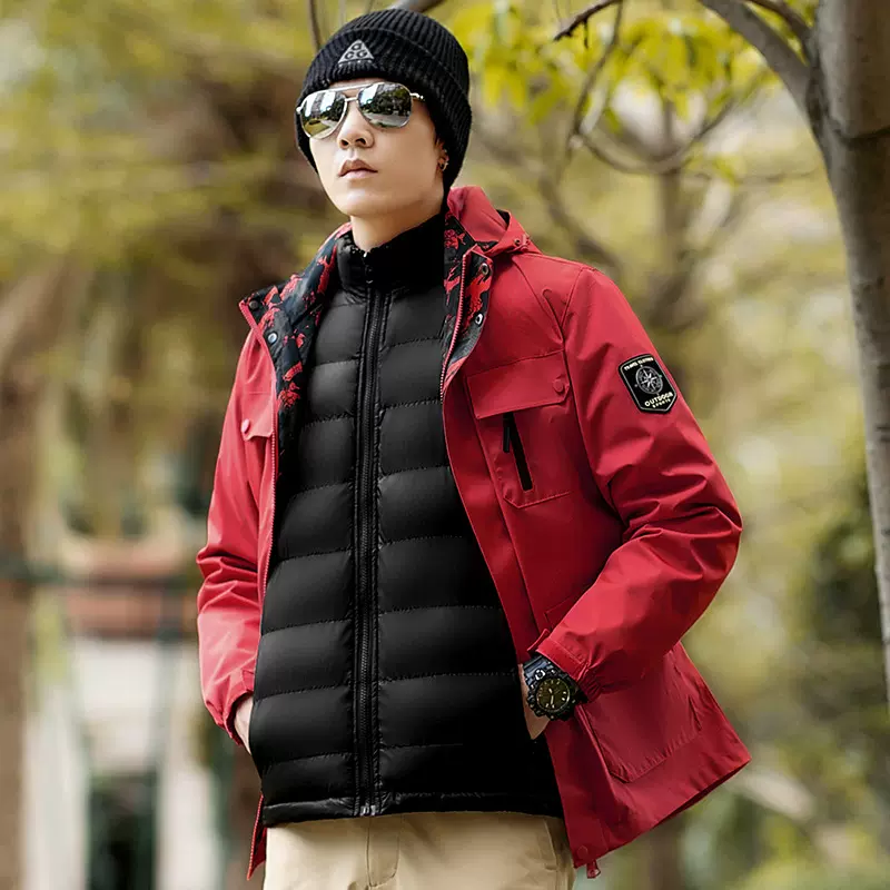 可拆卸连帽领情侣款冲锋衣冬季保暖防风立领隔水羽绒棉户外运动服