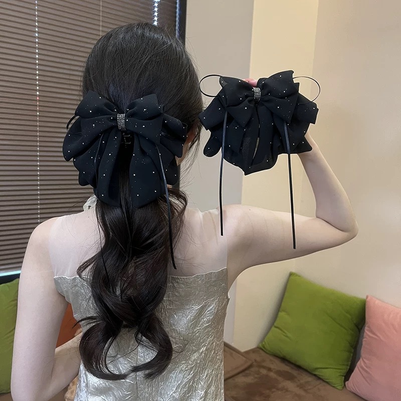 Korean-style starry sky gauze bow ponytail clip starry sky pendant temperament hairpin back head half tie grip clip headdress